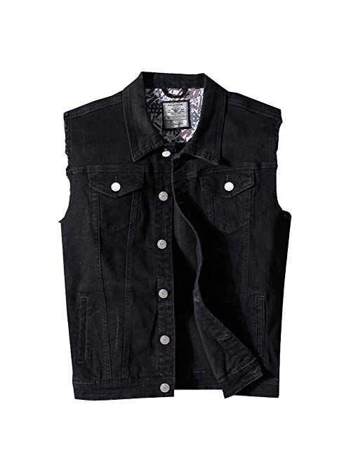 RongYue Men's Casual Button-Down Denim Vest Sleeveless Jacket with Broken Holes