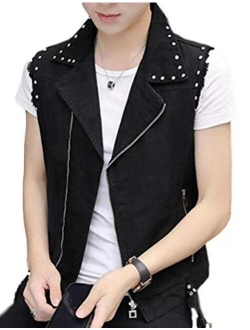 DSDZ Men's Punk Denim Vest Sleeveless Jean Jackets With Rivets