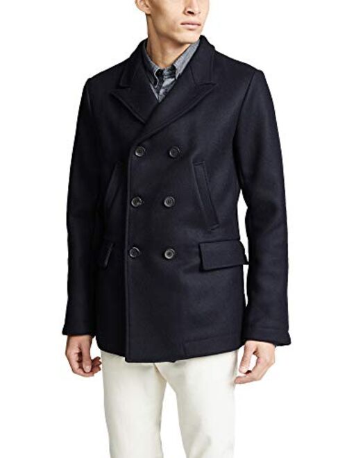 Billy Reid Men's Wool Double Breasted Bond Peacoat with Leather Details