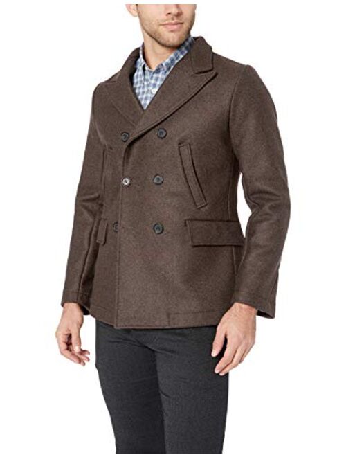 Billy Reid Men's Wool Double Breasted Bond Peacoat with Leather Details