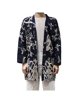 HZCX FASHION Men's Cotton Blends Linen Printed Open Front Long Sleeve Cardigan