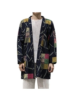 HZCX FASHION Men's Cotton Blends Linen Printed Open Front Long Sleeve Cardigan