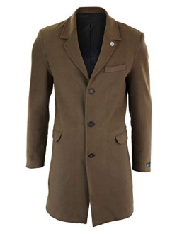 TruClothing.com Mens 3/4 Long Crombie Overcoat Jacket Wool Feel Coat Peaky Blinders Slim Fit