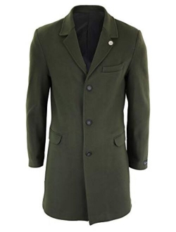 TruClothing.com Mens 3/4 Long Crombie Overcoat Jacket Wool Feel Coat Peaky Blinders Slim Fit