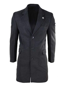 TruClothing.com Mens 3/4 Long Crombie Overcoat Jacket Wool Feel Coat Peaky Blinders Slim Fit