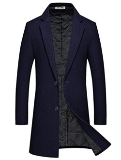 Men's Wool Coats Blend Trench Long Pea Coat Winter Single Breasted Slim Fit