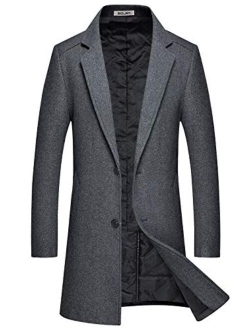 Men's Wool Coats Blend Trench Long Pea Coat Winter Single Breasted Slim Fit