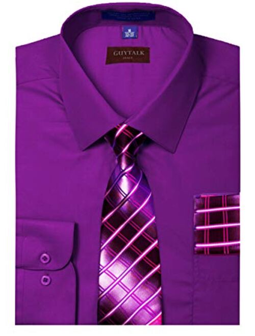 Guytalk Mens Dress Shirt with Matching Tie and Handkerchief(30 Colors, XS-5XL)