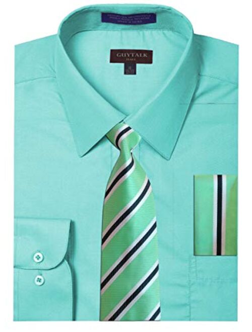 Guytalk Mens Dress Shirt with Matching Tie and Handkerchief(30 Colors, XS-5XL)