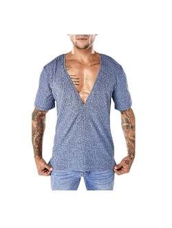 Allywit Men's Slim Fit Deep V Neck Short Sleeve T-Shirt Basic Shirt Button