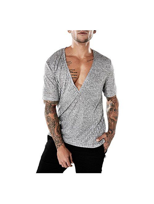 Allywit Men's Slim Fit Deep V Neck Short Sleeve T-Shirt Basic Shirt Button