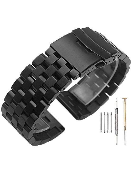 High Grade 5 Rows Engineer Metal Watch Band Solid Brushed Stainless Steel Watch Bracelet Straps Black&Silver Replacement Watch Band with Screws 20mm/22mm/24mm Double Lock