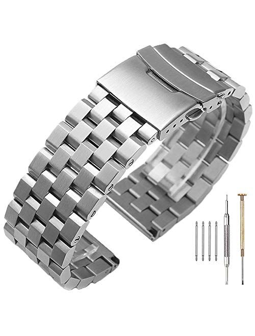 High Grade 5 Rows Engineer Metal Watch Band Solid Brushed Stainless Steel Watch Bracelet Straps Black&Silver Replacement Watch Band with Screws 20mm/22mm/24mm Double Lock