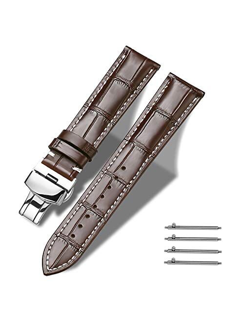 Moran Quick Release Leather Watch Bands Deployment Butterfly Buckle 18mm 20mm 22mm 24mm Blue Black Brown Calfskin Replacement Watch Strap for Men & Women