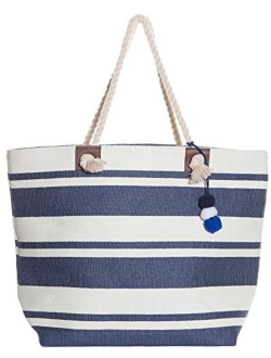 XL Nautical Striped Straw Beach Bags Tote with Zipper Closure and Rope Handle