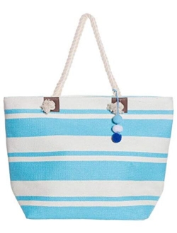 XL Nautical Striped Straw Beach Bags Tote with Zipper Closure and Rope Handle