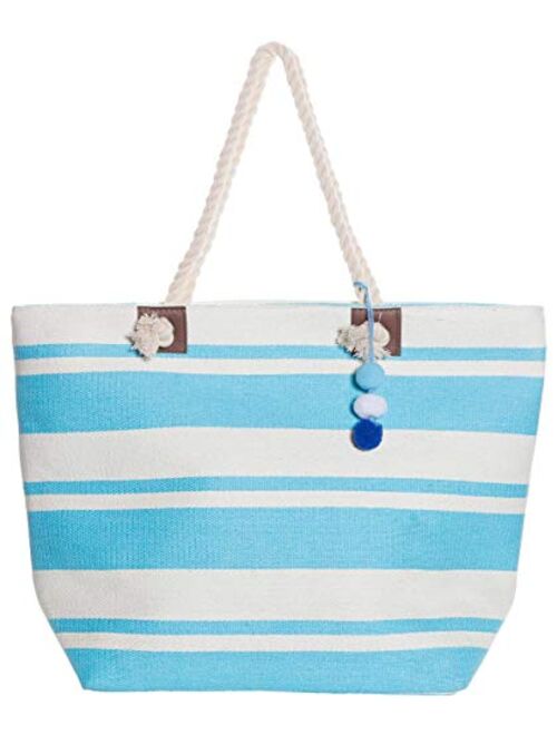 XL Nautical Striped Straw Beach Bags Tote with Zipper Closure and Rope Handle