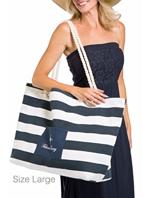 Fishers Finery Heavy Canvas Striped Beach Bag with Rope Handle; Multi Sizes