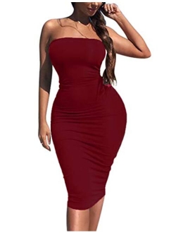 Kaximil Women's Sexy Bodycon Strapless Midi Club Tube Dress Basic Casual Dresses