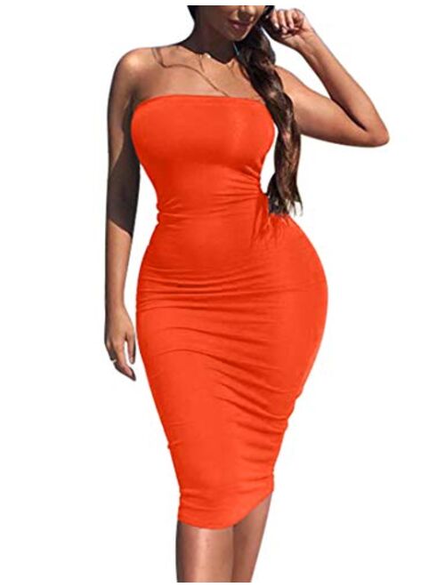 Kaximil Women's Sexy Bodycon Strapless Midi Club Tube Dress Basic Casual Dresses