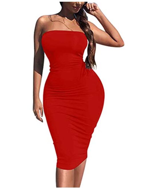 Kaximil Women's Sexy Bodycon Strapless Midi Club Tube Dress Basic Casual Dresses