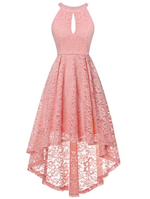 FAIRY COUPLE Women's Halter Hi-Lo Floral Lace Cocktail Party Bridesmaid Dress