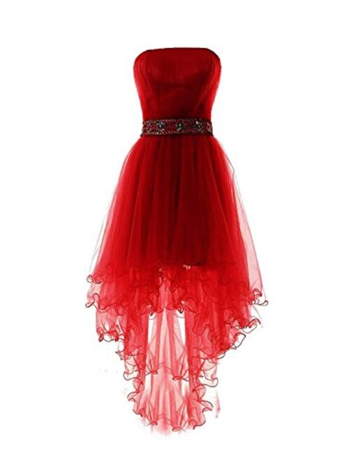 Fanciest Women's Strapless Beaded High Low Prom Dresses Short Gowns