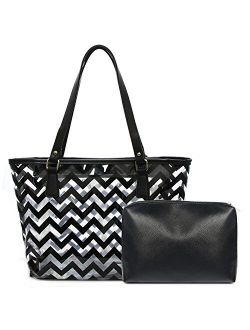 Clear Tote Bags with Full Chevron Stripe PVC Shoulder Handbag with Interior Pocket