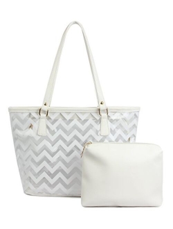 Clear Tote Bags with Full Chevron Stripe PVC Shoulder Handbag with Interior Pocket