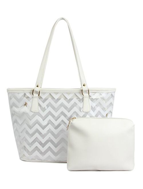 Clear Tote Bags with Full Chevron Stripe PVC Shoulder Handbag with Interior Pocket