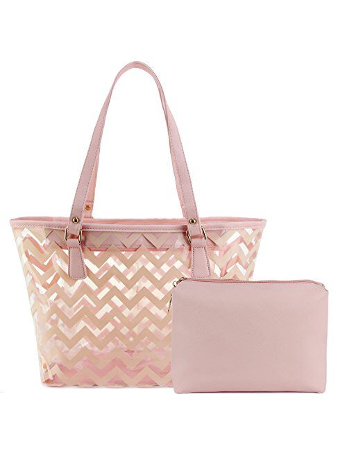 Clear Tote Bags with Full Chevron Stripe PVC Shoulder Handbag with Interior Pocket