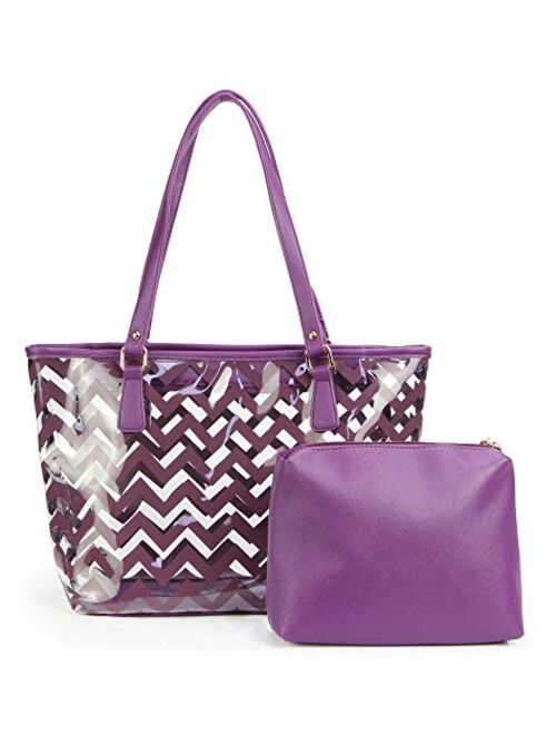 Clear Tote Bags with Full Chevron Stripe PVC Shoulder Handbag with Interior Pocket