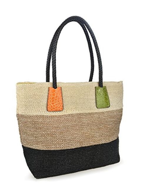 Hoxis Color Block Crocodile Pattern Stripes Woven Synthetic Straw Tote Womens Shoulder Handbag #Lovewin