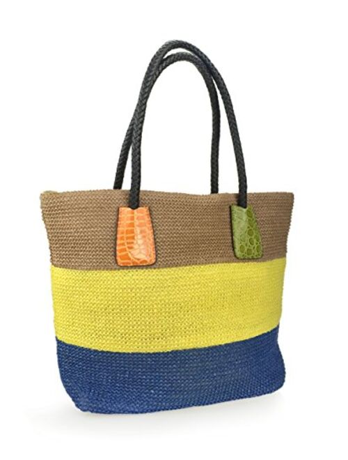 Hoxis Color Block Crocodile Pattern Stripes Woven Synthetic Straw Tote Womens Shoulder Handbag #Lovewin