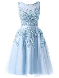 Ever Girl Women's Knee Length Tulle Lace Appliques Hollow Homecoming Dress