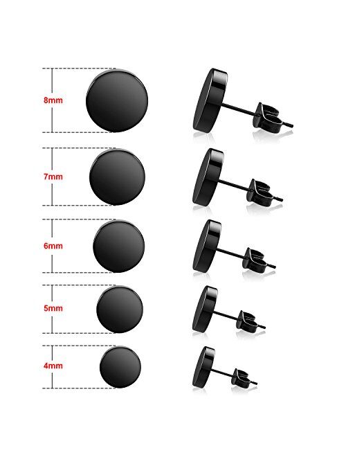 UHIBROS 316L Surgical Stainless Steel Stud Earrings Unisex Tunnel Punk Style Round Mens Womens Hypoallergenic Piercing Ear Stud 5 Pairs 4mm-8mm (Black)