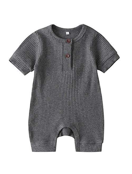 Kuriozud Newborn Infant Unisex Baby Boy Girl Button Solid Romper Bodysuit One Piece Jumpsuit Outfits Clothes