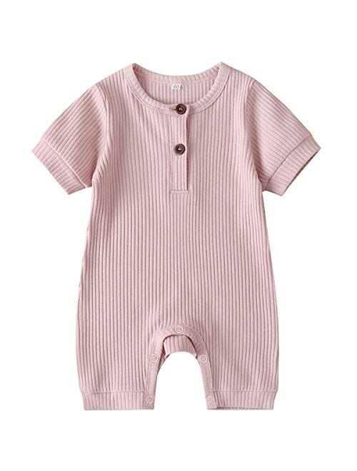 Kuriozud Newborn Infant Unisex Baby Boy Girl Button Solid Romper Bodysuit One Piece Jumpsuit Outfits Clothes