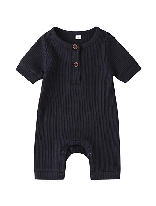 Kuriozud Newborn Infant Unisex Baby Boy Girl Button Solid Romper Bodysuit One Piece Jumpsuit Outfits Clothes