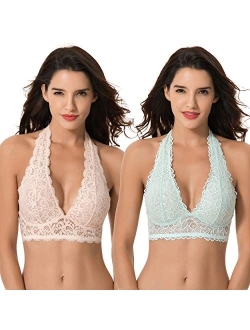 Curve Muse Plunge Bralette with Floral Lace-2pack