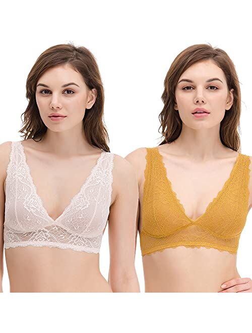 Curve Muse Plunge Bralette with Floral Lace-2pack