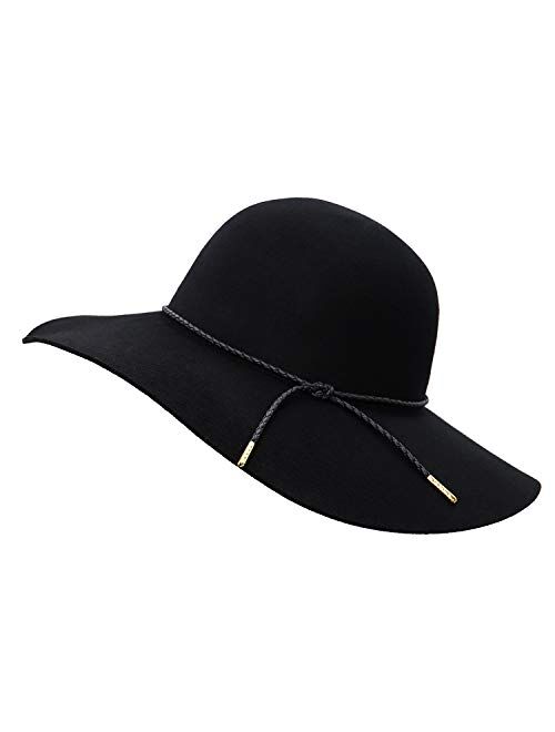 Bienvenu Women's Wide Brim Wool Ribbon Band Floppy Hat