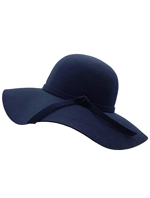 Bienvenu Women's Wide Brim Wool Ribbon Band Floppy Hat