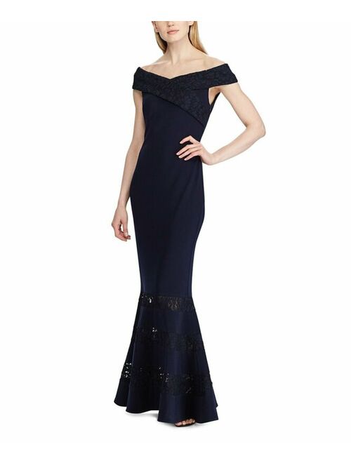 Polo Ralph Lauren Lauren Ralph Lauren Lighthouse Navy Lace-Panel Off-Shoulder Gown - Blue Size 2