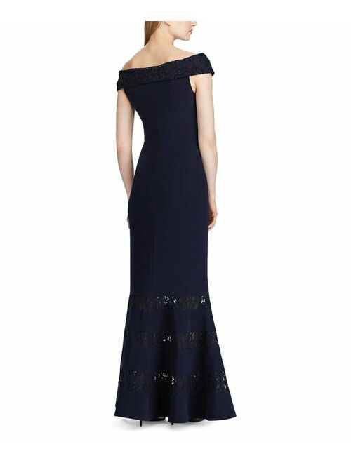 Polo Ralph Lauren Lauren Ralph Lauren Lighthouse Navy Lace-Panel Off-Shoulder Gown - Blue Size 2