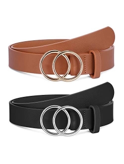 2 Pack Women Leather Belts Faux Leather Jeans Belt with Double O-Ring Buckle Size up to 53 inch