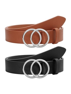 2 Pack Women Leather Belts Faux Leather Jeans Belt with Double O-Ring Buckle Size up to 53 inch