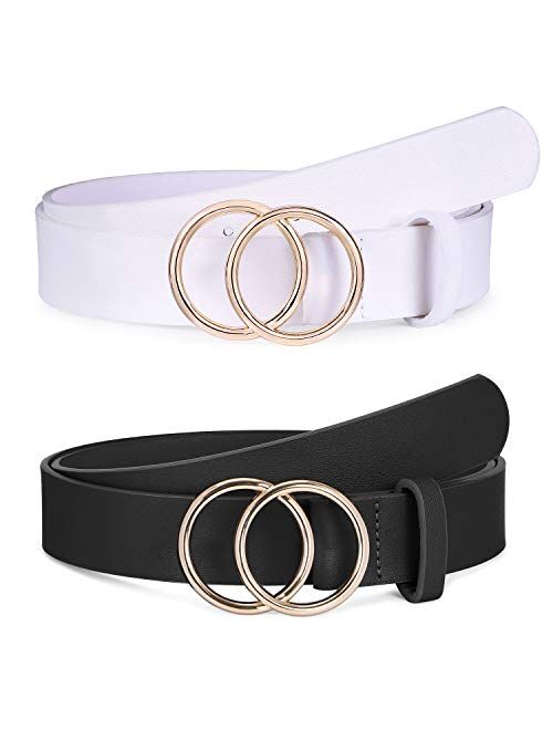 2 Pack Women Leather Belts Faux Leather Jeans Belt with Double O-Ring Buckle Size up to 53 inch