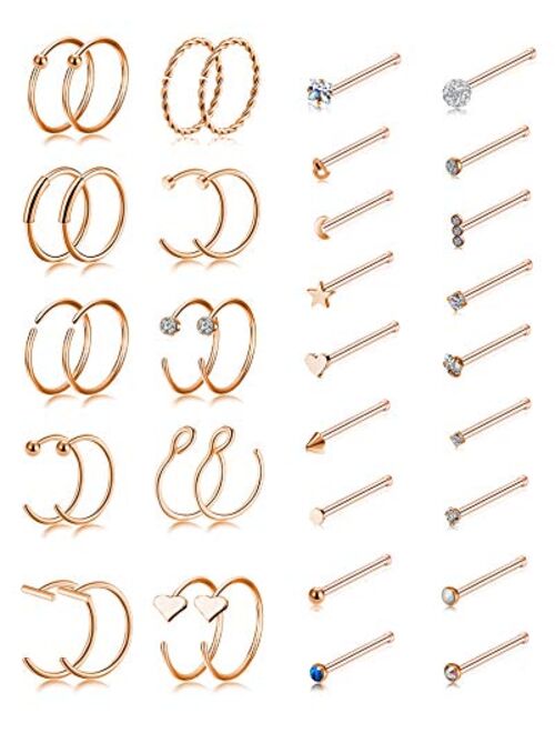 Tornito 20G 38Pcs Stainless Steel L Bone Screw Shaped Nose Studs Nose Rings CZ Hoop Tragus Cartilage Nose Ring Labret Nose Piercing Jewelry for Men Women Rose Gold Tone