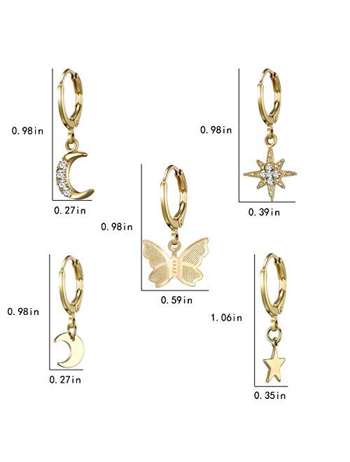 AIDSOTOU Small Butterfly Star Hoop Earrings Set for Women Girls Mini Huggie Hoop Earrings with Dangle Charms